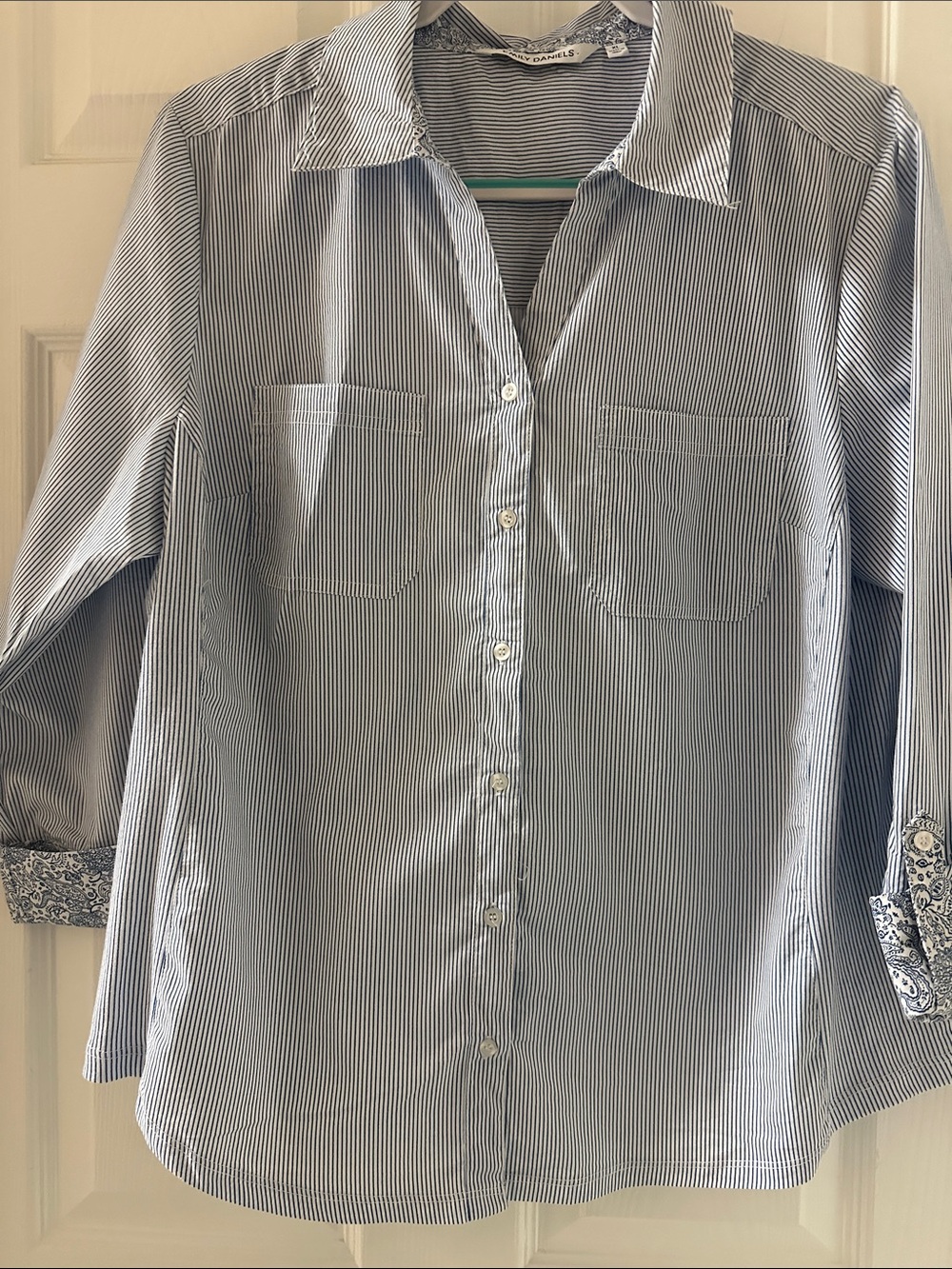 Blue and White Striped Button-Down Blouse